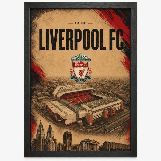 Joshimo Liverpool FC Poster | Anfield Stadion & Liverpool Skyline | Inclusief Zwarte A4 Lijst | Voetbal Wanddecoratie