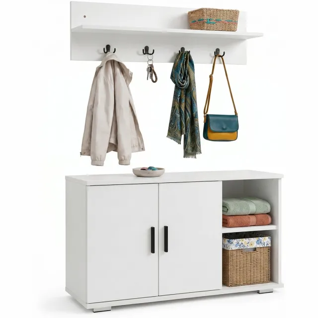 Vcm Diele Garderoben Set mit Schuhschrank Sitzbank, Wandgarderobe & Hut Ablage - Gados Weiß