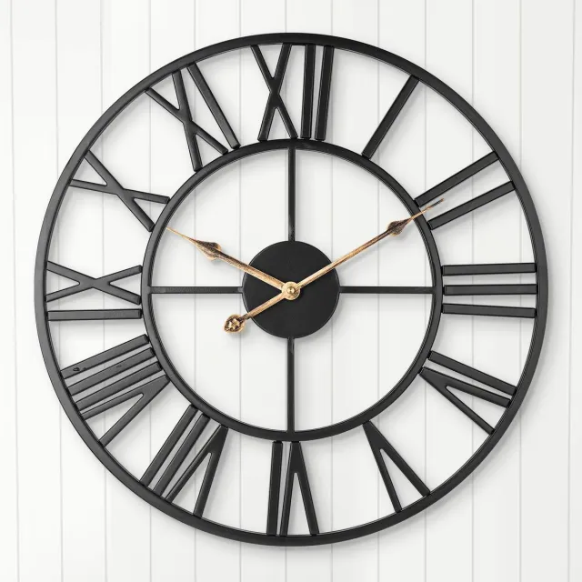 ARVINKEY Stille Wandklok, Europese Boerderij Vintage Klok met Romeinse cijfers, 40 cm, Niet-tikkend, Werkt op batterijen, Metalen Skelet Decoratieve Klok voor Thuis, Keuken, Café (Zwart)