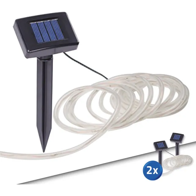 RexTech Solar lichtsnoer buiten 'Rope' - Set van 2 stuks - 10 meter per snoer - Warm wit licht (3000K) - 12 lumen - IP44 - 2 lichtstanden - tot 16 uur brandduur - Solar tuinverlichting - Met los zonnepaneel