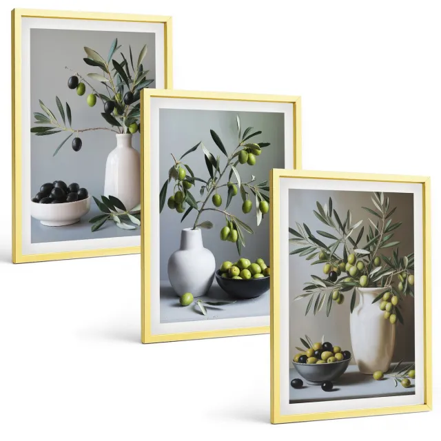 TULUP 4-Delige Schilderij Set - Olijven in vazen ​​tegen een achtergrond van gedempte kleuren. - 40 x 60 cm - Wanddecoratie - Schilderijen Set - Interieur - Moderne Wanddecoratie Gouden lijst