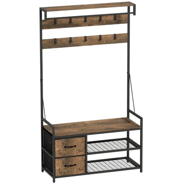 ZYLARO Kapstok - 6-in-1 - Met Schoenenrek - Industriële Stijl - 10 Haken - 2 Stoffen Lades - Metaal - Bruin rustiek bruin+matzwart