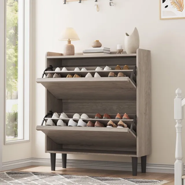 Triumpunpre Smal Schoenenkast 2 Kleppen Voor 12-16 Paar Schoenen - 87x26x95cm - Schoenenrek - Schoenenmeubel Hout - Verstelbare Planken - Minimalistisch - Ruimtebesparend - Voor Hal Woonkamer - Grijs