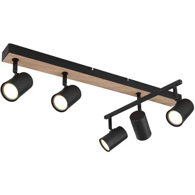 Globo Plafondspot zwart spot plafondlamp strip 5 vlammen, metaal MDF hout look Scandinavisch, 5x GU10 stopcontacten, LxBxH 70x35x18cm