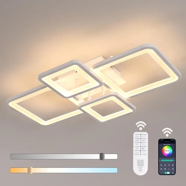 Haobosic Moderne dimbare LED-plafondlamp 62 cm, 54 W 5400 lm plafondlamp voor woonkamer met afstandsbediening/app 3000 K-6500 K, 4 vierkante witte acryl plafondlampen voor keuken, slaapkamer en eetkamer White