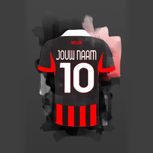 AC Milan 2025-2026 ingelijste poster met personalisatie - Met eigen naam en rugnummer - A2 formaat - 42x59.4 cm - Semi/ glossy papier - Voetbal shirt poster - Geïnspireerd op de kleuren van AC Milan en een beetje fantasie Donkergrijze achtergrondkleur