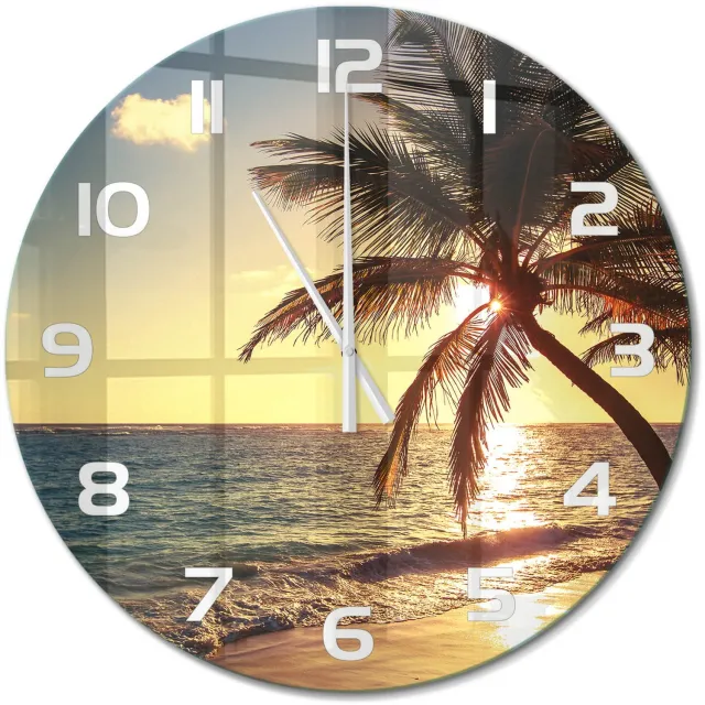 TULUP Wandklok - Tropisch strand Decoratieve Glazen Klok - fi60 cm - Geel Glazen Wandklok Design - Witte handen - Ronde Klok - Glazen Klok Met Print - Wandklok Glas Met Motief