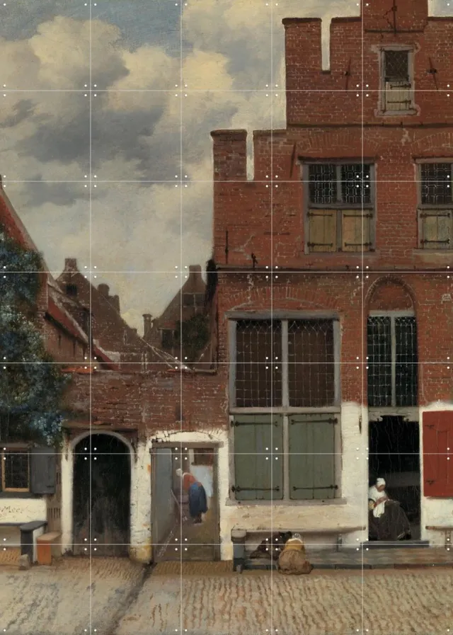 IXXI Gezicht op huizen in Delft, Johannes Vermeer & Rijksmuseum - 100 x 140 cm - Grote wanddecoratie en posters - Olieverf, Schilderijen, Realisme Bruin