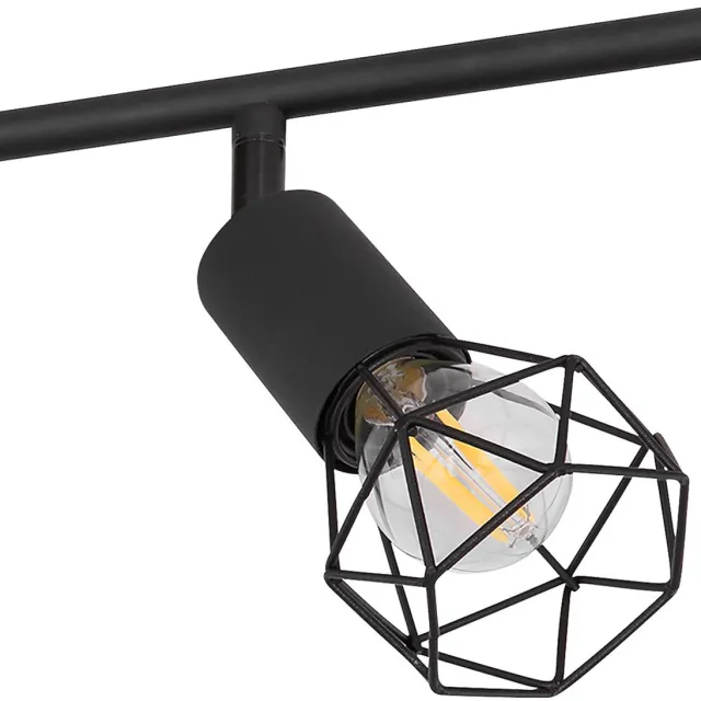 Globo Vintage plafondspot Plafondlamp hout 6-vlam spot strip metaal zwart, beweegbare spots, metalen gaas retro hout look bruin, 6x E14 stopcontacten, HxLxB 24,5x116x10 cm