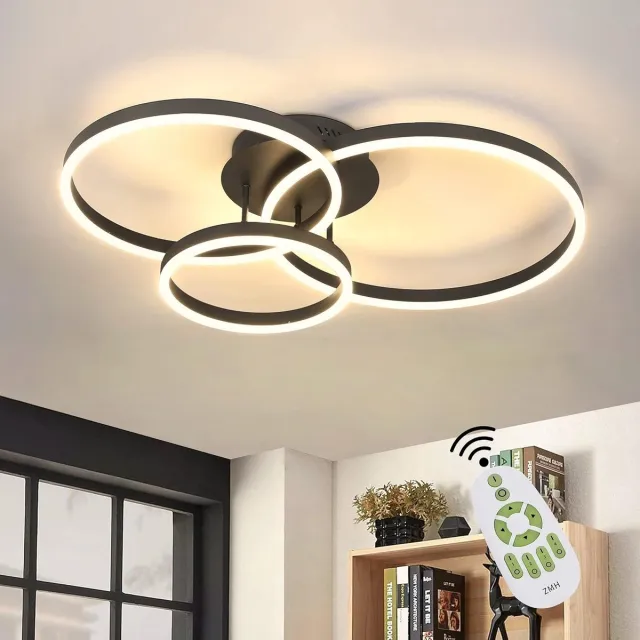 Glitzerlife Plafondlamp LED Deckenlampen - 3 Ringen Dimbaar - Moderne Dekenleuchte - Afstandsbediening - Acryl Aluminium - 82cm - Zwart
