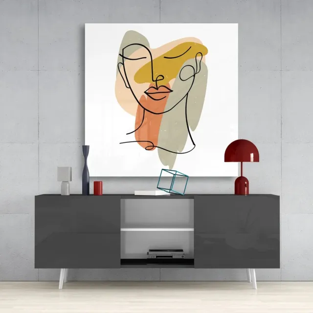 Insigne Art Vierkant Glasschilderij – Abstract Lijnportret – Moderne Wanddecoratie – 60x60 cm Kleurrijk