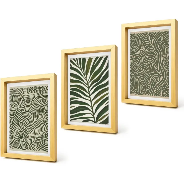 Coloray 4-Delige Schilderij Set - Abstracte patronen met bladeren en golvende vormen - 20 x 30 cm - Muurdecoratie - Decoratieve Schilderijen - Wohnzimmer Gouden lijst