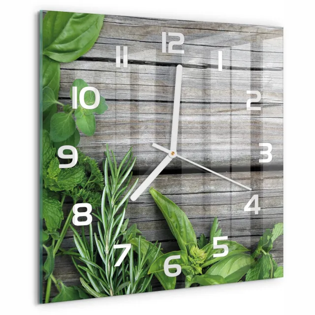 TULUP Wandklok - Houten kruidenachtergrond Wandklok Glas Decoratie - 30x30 cm - Groente Gekleurde Glazen Klok - Witte handen - Vierkante Klok - Klok Glas Met Opdruk - Moderne Wandklok Glas