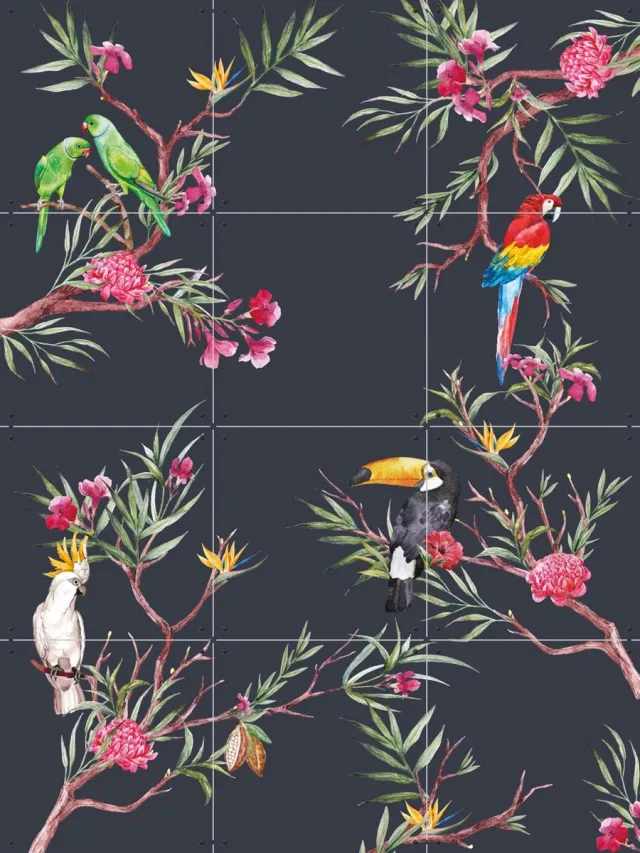 IXXI A Bunch of Tropical Friends, Creative Lab Amsterdam - 60 x 80 cm - Grote wanddecoratie en posters - Speels, Aquarel, Illustraties, Grafisch Groen / Donkere tinten