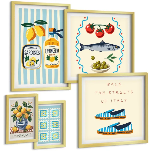TULUP 5-Delige Schilderij Set - Keukeninspiratie uit Italië: citrusvruchten en zeevruchten - 50 x 50 cm, 20 x 30 cm en 40 x 60 cm - Stijlvolle Muurdecoratie - Kantoor Gouden lijst