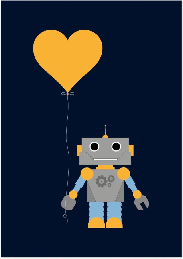 De Lange Koe Robot met een hartje als ballon | A3 poster Donkerblauw