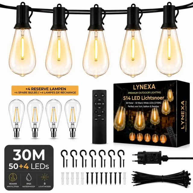 LYNEXA S14 - Lichtsnoer Buiten - 30m - 50 Grote Edison LED Lampen - Warm Wit 2700K - Tuinverlichting - IP44 Waterdicht - Koppelbaar - Dimbaar met Afstandsbediening - 3 Lichtmodi - Kerstverlichting voor Buiten - 4 Extra Lampjes