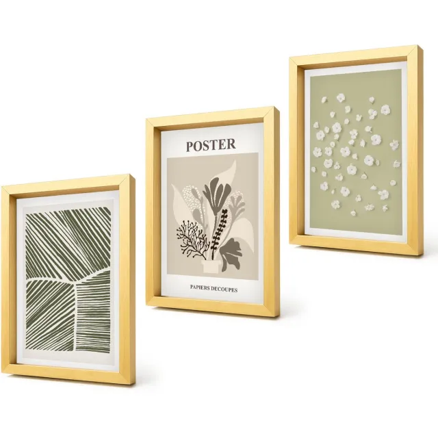 Coloray 4-Delige Schilderij Set - Plantmotieven in ingetogen kleuren en patronen. - 20 x 30 cm - Stijlvolle Wanddecoratie - Interieur - Decoratieve Schilderijen Gouden lijst