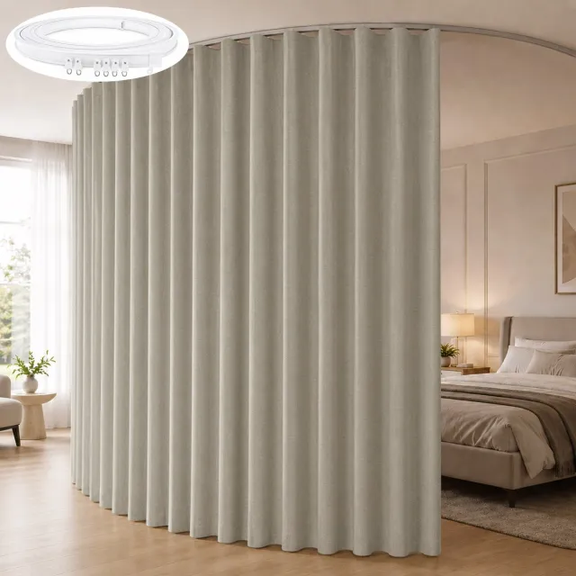 Qelus 2 Stuks Kamerverdeler Gordijn Linnenlook met Flexibele Plafondrail - 100% Verduisterend Scheidingsgordijn - Ruimteverdeler - Thermisch Isolerend en Geluidsdempend - Voor Slaapkamer, Woonkamer, Kantoor en Studio - Kaki - 254 x 213 cm Kaki, 2 Stuks
