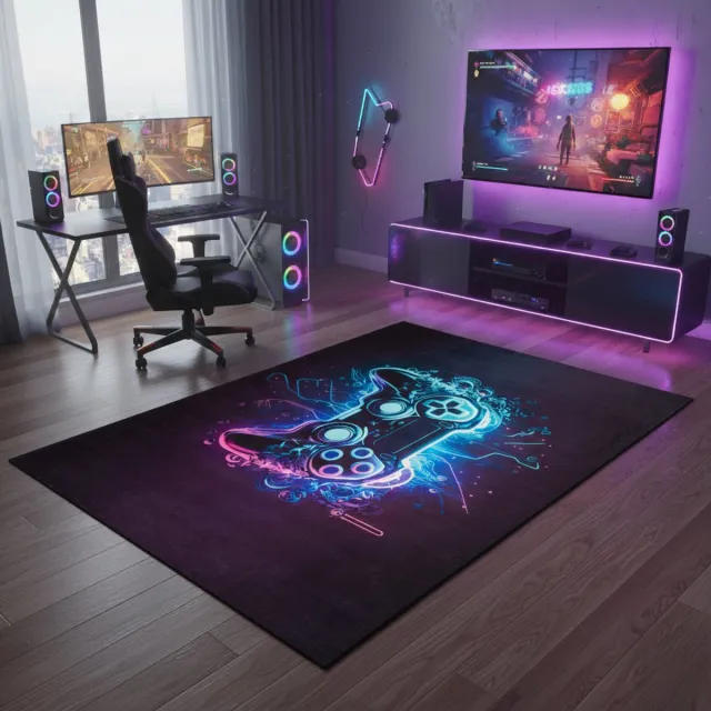 Tapiso COSMO GAME Gamingtapijt Gamer Vloerkleed voor Jeugdkamer & Game Room Neon Controller Design Antislip, Laagpolig, Duurzaam, Makkelijk te Reinigen Zwart Blauw