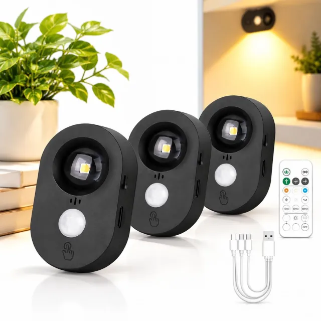 VHV Lamp - 3 Stuks - LED Bewegingssensor Puck en - Oplaadbaar, Dimbbaar, Plakbaar, Warm Wit, Zwart Kleur van de hoofdfiguur