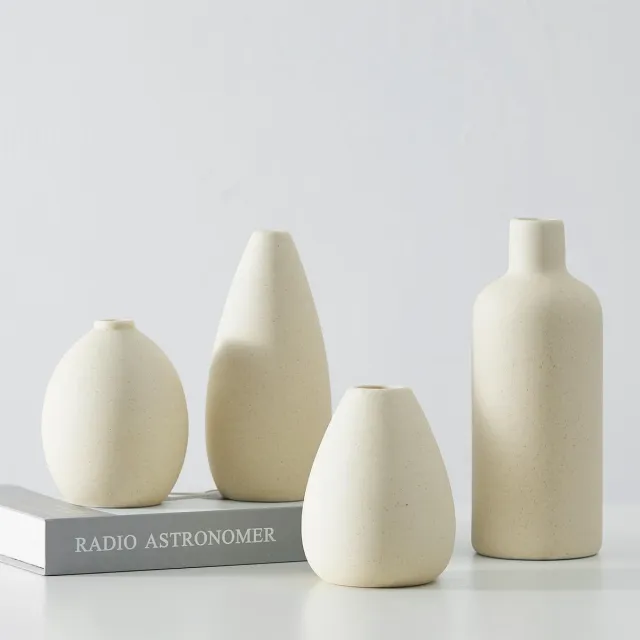 Famanu Beige keramische vaas, set van 4 unieke bloemenvazen voor middenstukken en woondecoratie, perfect voor op tafel of entree