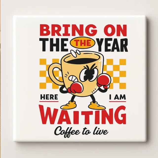 Nevolis Bring On The Year Coffee To Live Keramische Tegel 15x15 cm – Grappig Boksend Koffiekopje Ontwerp – Motiverende Wanddecoratie & Perfect Cadeau voor Koffieliefhebbers Multi Color