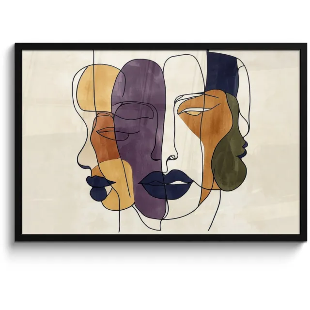 FrameYourWall Poster in lijst - Fotolijst 90x60 cm - Posters - Abstract - Overlappende gezichten - Paars - Donkergroen - Posterlijst zwart - Decoratie - Wanddecoratie woonkamer - Muurdecoratie slaapkamer Abstract - Gezichten