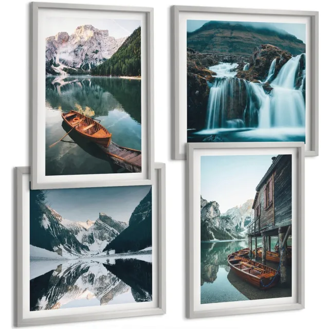 TULUP 4-Delige Schilderij Set - Bergmeren met boten en weerspiegelingen in het water. - 40 x 40 cm en 40 x 60 cm - Decoratieve Schilderijen - Woonkamer - Interieur - Moderne Wanddecoratie Zilveren lijst