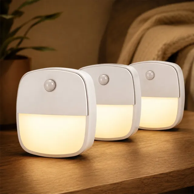 WoonWonder 3x WoonWonder Nachtlampje met bewegingssensor - Draadloos - voor o.a. Slaapkamer, Overloop, Garage - Dag en Nacht Sensor | Werkt op 3 AAA batterijen Wit