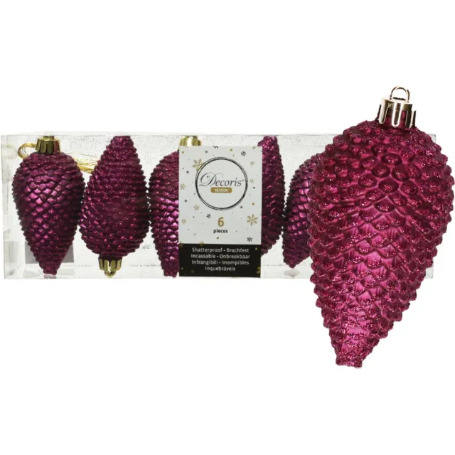Decoris dennenappel kersthangers 6x st - aubergine roze-8 cm kunststof Donkerroze