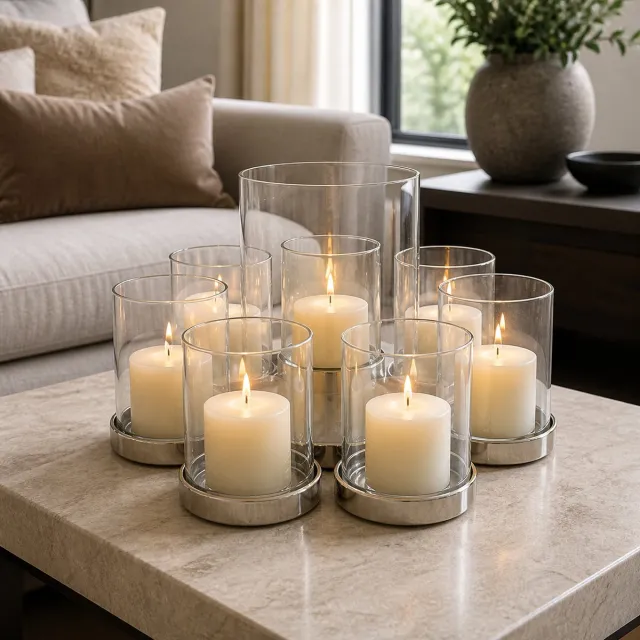 Hoppa! Windlicht - 8-Lichts Rond - Nikkel/Transparant - 30 x 30 x 19 (B x D x H)