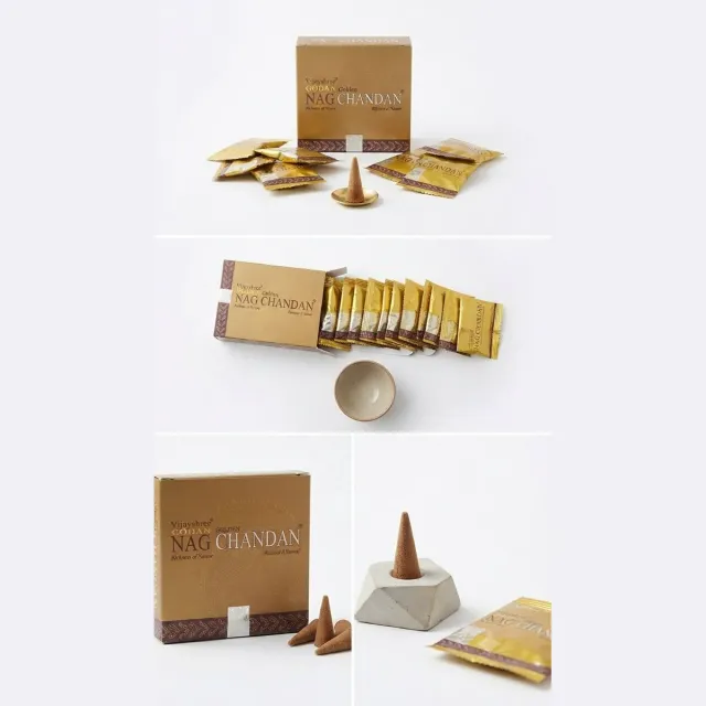 Vijayshree Golden Nag Chandan Wierook Kegels – 120 Stuks (12 Pakjes x 10 Kegels) – Luxe Masala Wierook – Natuurlijke Sandelhout Geur – Ideaal voor Ontspanning en Meditatie Met Kajal Sticker Bruin