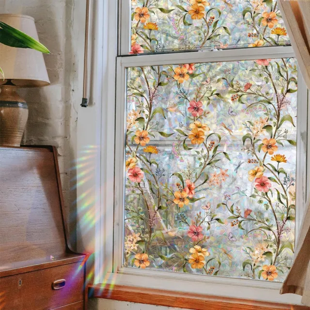 SNQ 1 Raamfolie - Regenboog Raamfolie - 45x200cm - Privacy Statische Folie - Verwijderbaar en Huurdersvriendelijk - UV-blokkerend en Warmtewerend - Geschikt voor Thuis en Deuren - Zelfklevend Glasdecoratie - 2 m - Kleurrijke bloemetjes – Halfdoorzichtig