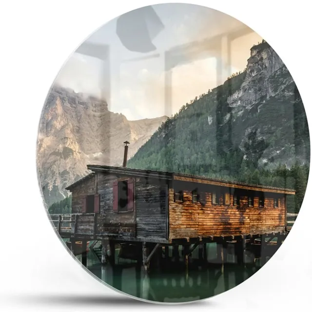 Mydesignglas Glazen Schilderij – Berglandschap met Meer en Houten Huis – Wanddecoratie op Gehard Glas – Rond_ ø50cm
