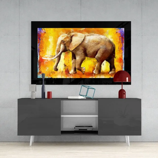 Insigne Art Glasschilderij – Oranje Abstracte Olifant in Olieverf – Decoratief Glasschilderij Meerkleurig