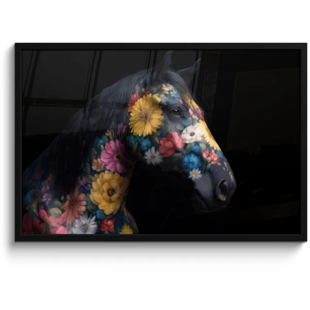 FrameYourWall Poster in lijst - Fotolijst 90x60 cm - Posters - Paard - Bloemen - Zwart - Posterlijst zwart - Decoratie - Wanddecoratie woonkamer - Muurdecoratie slaapkamer