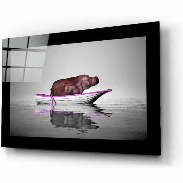 Insigne Art Glasschilderij – Nijlpaard in Roze Afgewerkte Boot op Grijs – Abstracte Wandkunst Meerkleurig