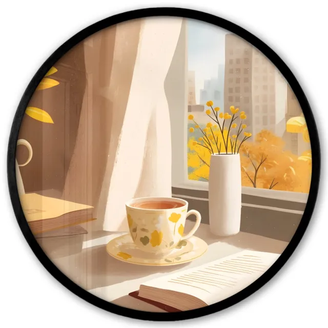 FrameYourWall Poster in lijst Rond - Fotolijst 40x40 cm - Posters - Thee - Boek - Thee - Herfst - Ronde posterlijst zwart - Decoratie - Wanddecoratie woonkamer - Muurdecoratie slaapkamer