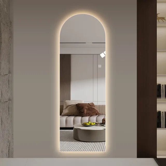 Wishdor LED-passpiegel met boogvorm - Dimbare achtergrondverlichting - Drie lichtkleuren en geheugenfunctie - Touchbediening - Voor slaapkamer en badkamer - Aluminium - Zilver