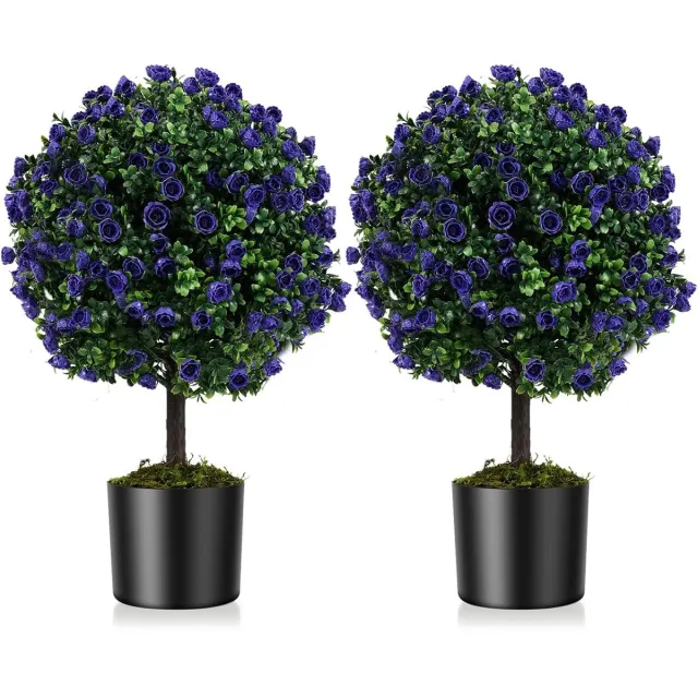 KOMFOTTEU 2 stuks kunstplanten, 55 cm kunstplant, kunstboom buxus met bladeren en rozen in paars, kunstmatige buxusbal in pot, vormsnijbal voor planten, decoratieve buxusbal Groen & Paars