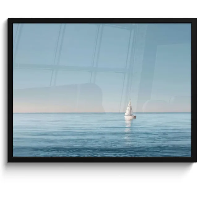 FrameYourWall Poster in lijst - Fotolijst 70x50 cm - Posters - Zeilbootje - Kalme zee - Helderblauwe hemel - Posterlijst zwart - Decoratie - Wanddecoratie woonkamer - Muurdecoratie slaapkamer