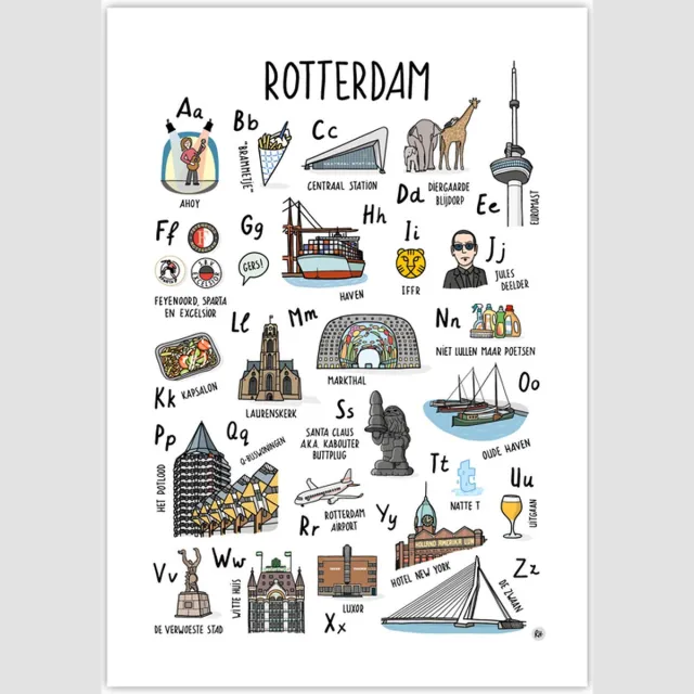 Hollandse Huisjes Poster Rotterdam - Alfabet poster Rotterdams ABC Volwassenen wit