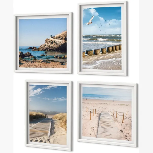 Coloray 4-Delige Schilderij Set - Strand Met Zand, Golven, Lucht En Vogels In De Lucht. - 40 x 40 En 40 x 60 - Muurdecoratie - Schilderijen Set - Woonkamer - Woonkamer Decoratie Witte lijst