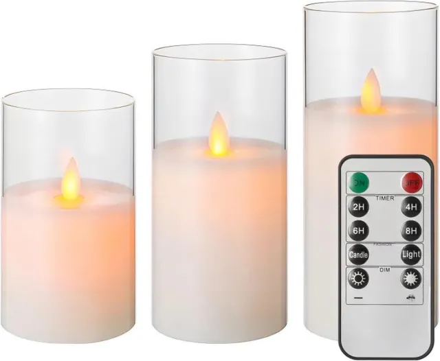 iBright Luxe Led Kaarsen in Glas met Bewegende Vlam - Set van 3 Met Afstandsbediening - Dimbaar en Timer Functie - Echte Wax - Wit