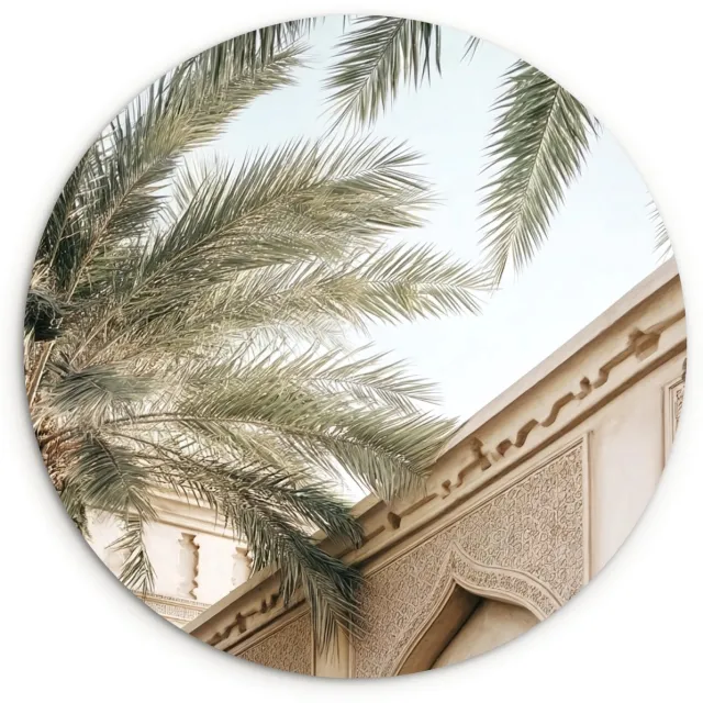 WallCircle Wandcirkel 90x90 cm - Muurcirkel Gebouw - Palmbomen - Beige - Zon - Muurdecoratie woonkamer - Wanddecoratie slaapkamer - Kamer decoratie accessoires - Ronde schilderijen