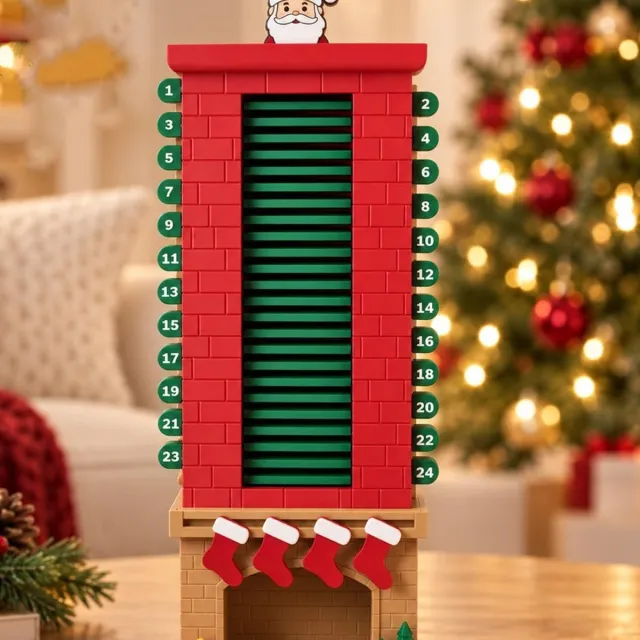 SNQ 3D Geprinte Kerstman in Schoorsteen Adventkalender - 29,5 cm - 24-Daagse Countdown - Interactieve Kerstdecoratie - Feestelijk Aftellen naar Kerst - Voor Thuis en Cadeau