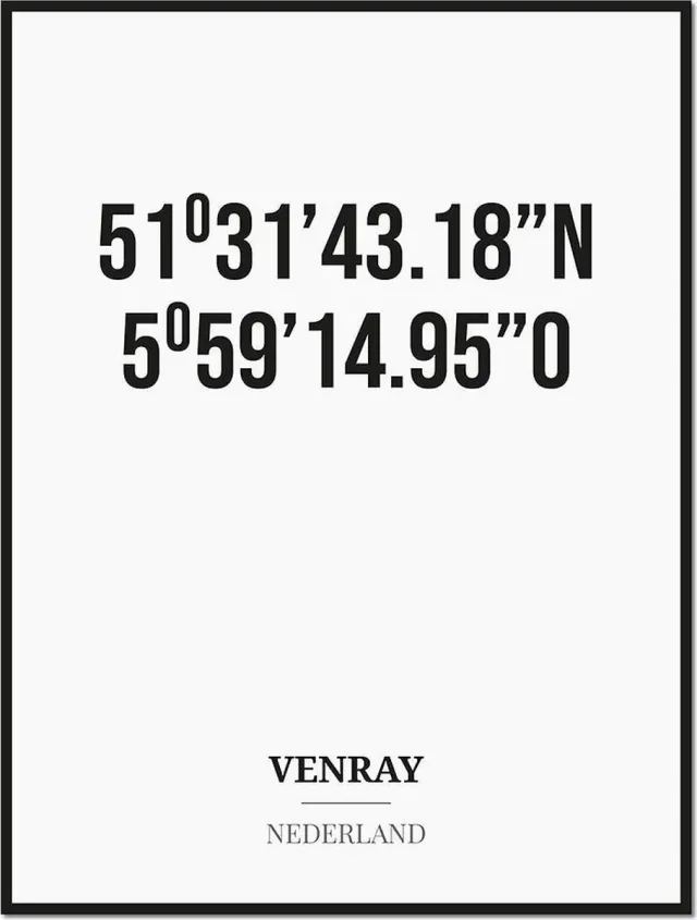 Studio216 Poster/kaart VENRAY met coördinaten zwart, wit