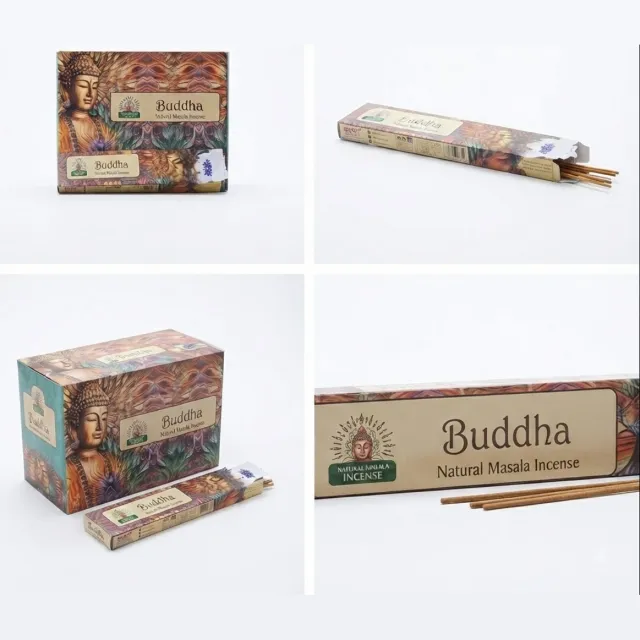 Namaste India Agarbatti Wierookstokjes, Pak van 12, Totaal 240 Stokjes, Aromatische Ontspanning, Meditatie en Yoga Geur, Handgemaakt in India (Buddha) Met Kajal Sticker Bruin
