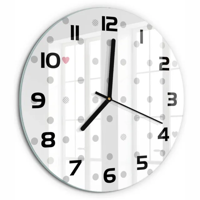 TULUP Wandklok - Stippen en harten Glazen Klok Met Print - fi30 cm - Grijs Wandklok Glas Met Motief - Zwarte handen - Ronde Klok - Wandklok Glas Decoratie - Gekleurde Glazen Klok